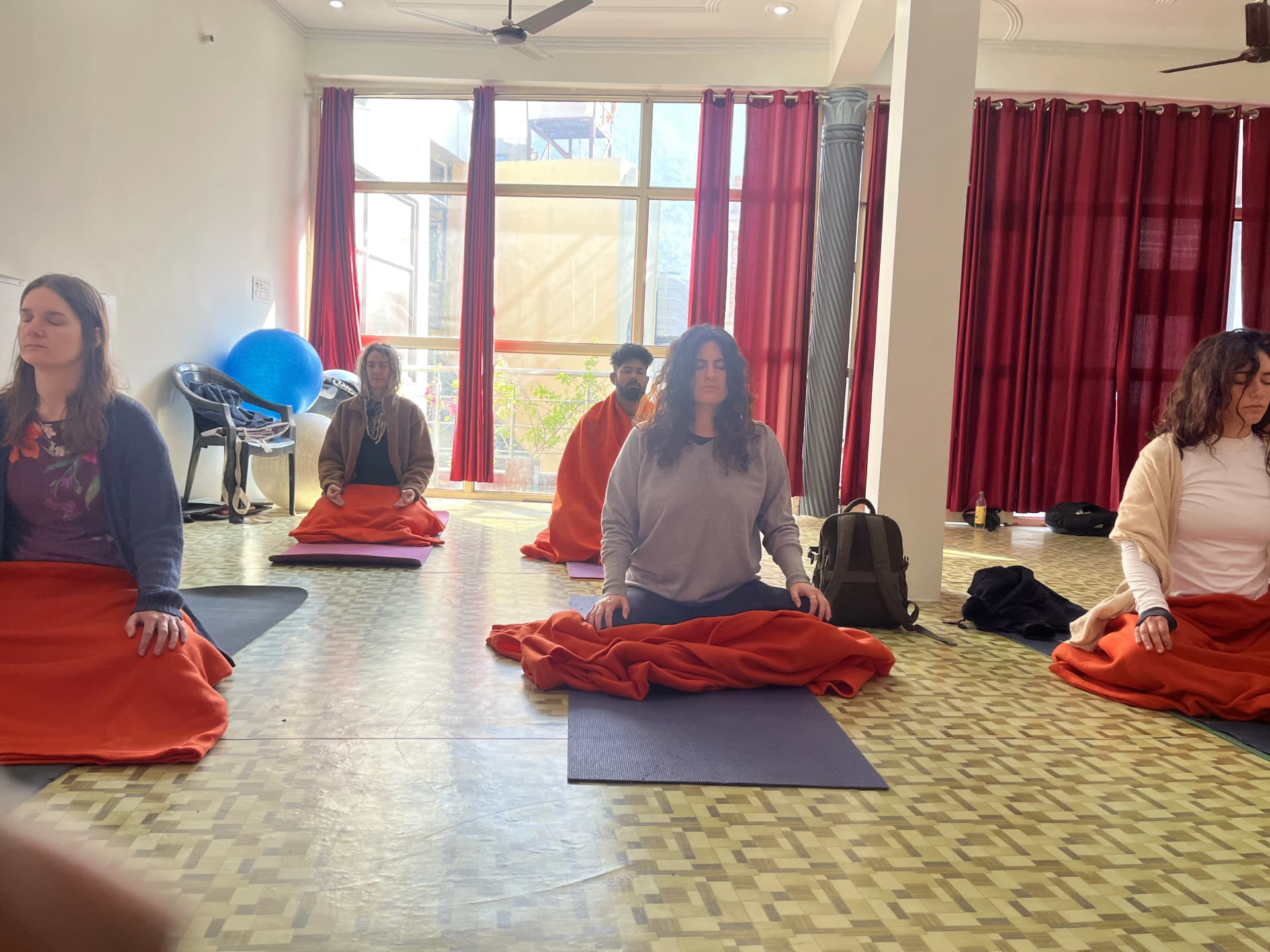 Morning Hatha yoga class overlooking the Himalayas
