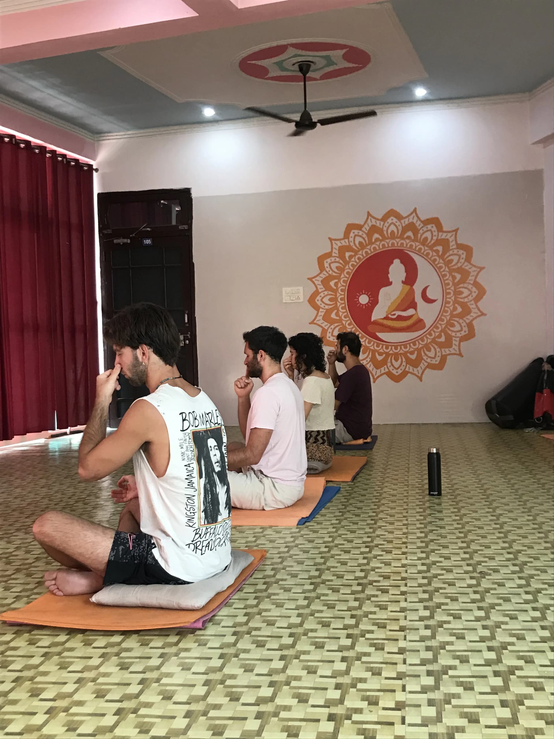 Open-air yoga training hall in Tapovan, Rishikesh