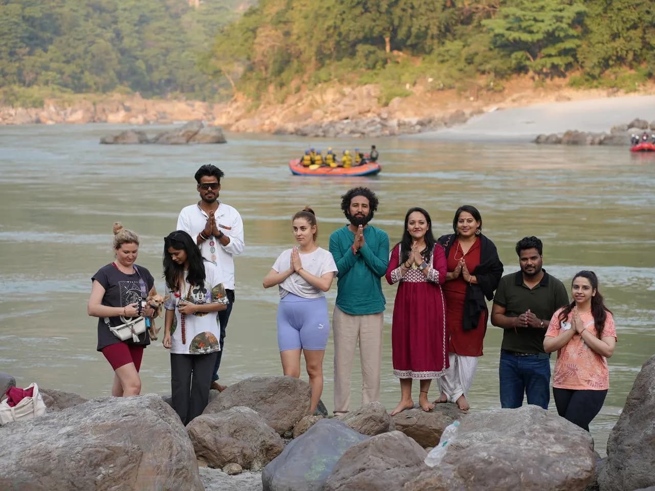 Hatha yoga together in the heart of Rishikesh.